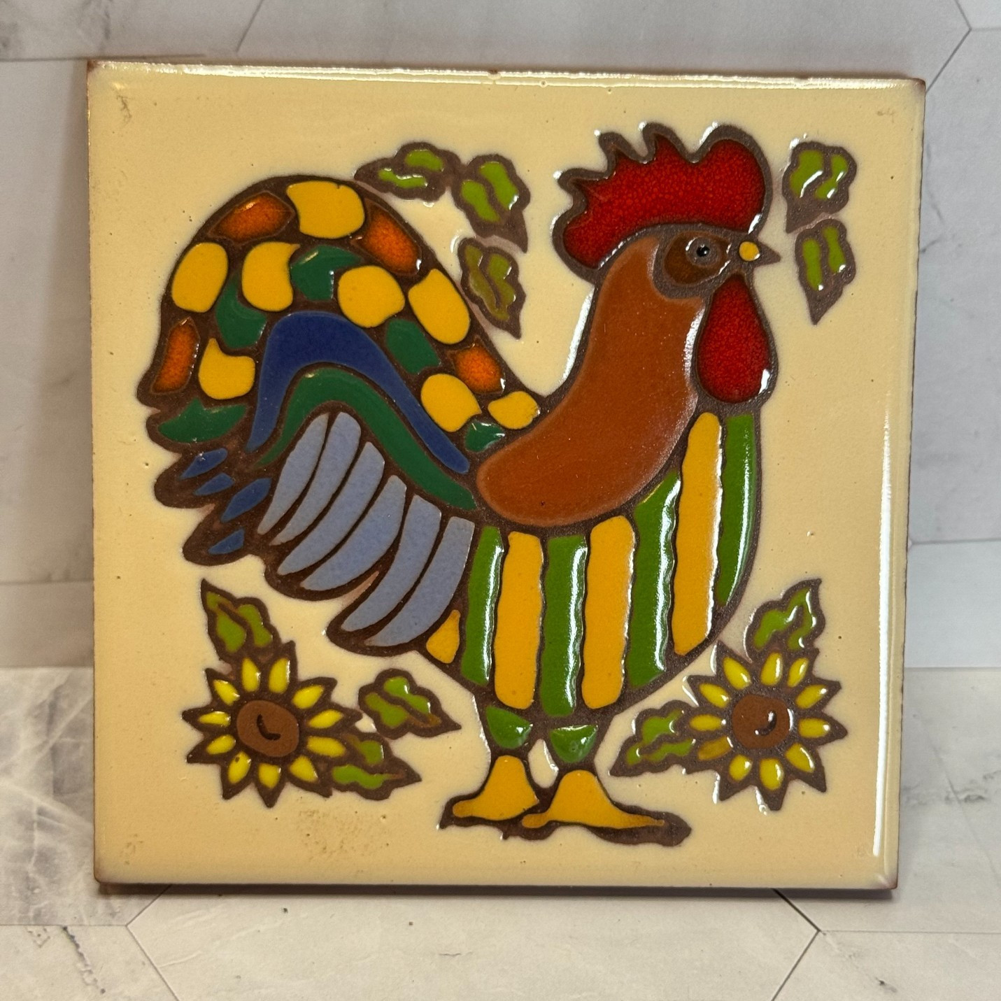 Vintage Earthtones Trivet Rooster Collectible Tile Hand Glazed 4x4\ Vintage Earthtones Trivet Rooster Collectible Tile Hand Glazed 4x4\