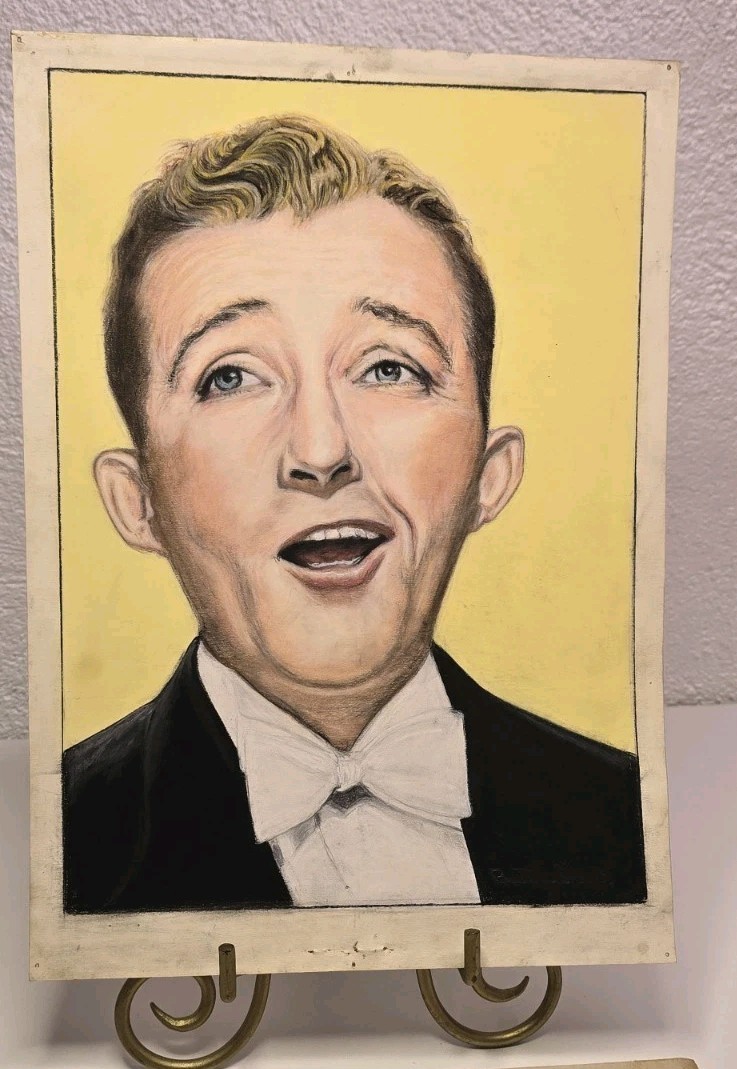 Original Vintage Bing Crosby Tuxedo Chalk Portrait Drawing Signed W/ Cover 13x10 Original Vintage Bing Crosby Tuxedo Chalk Portrait Drawing Signed W/ Cover 13x10