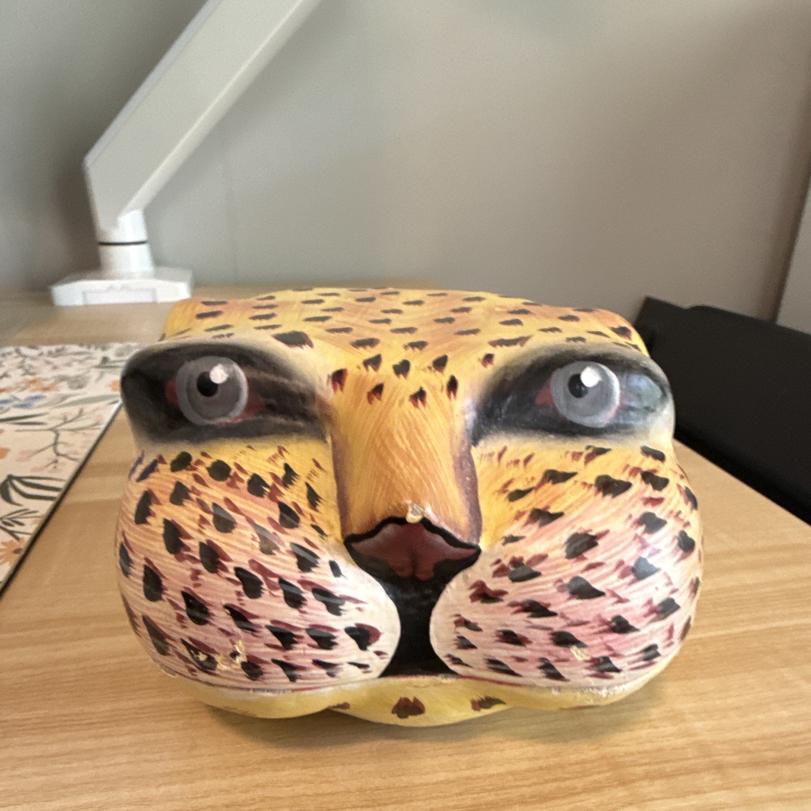 Vintage Hand Painted Wood Hinged Leopard Head Trinket Box, Spotted, Red Interior