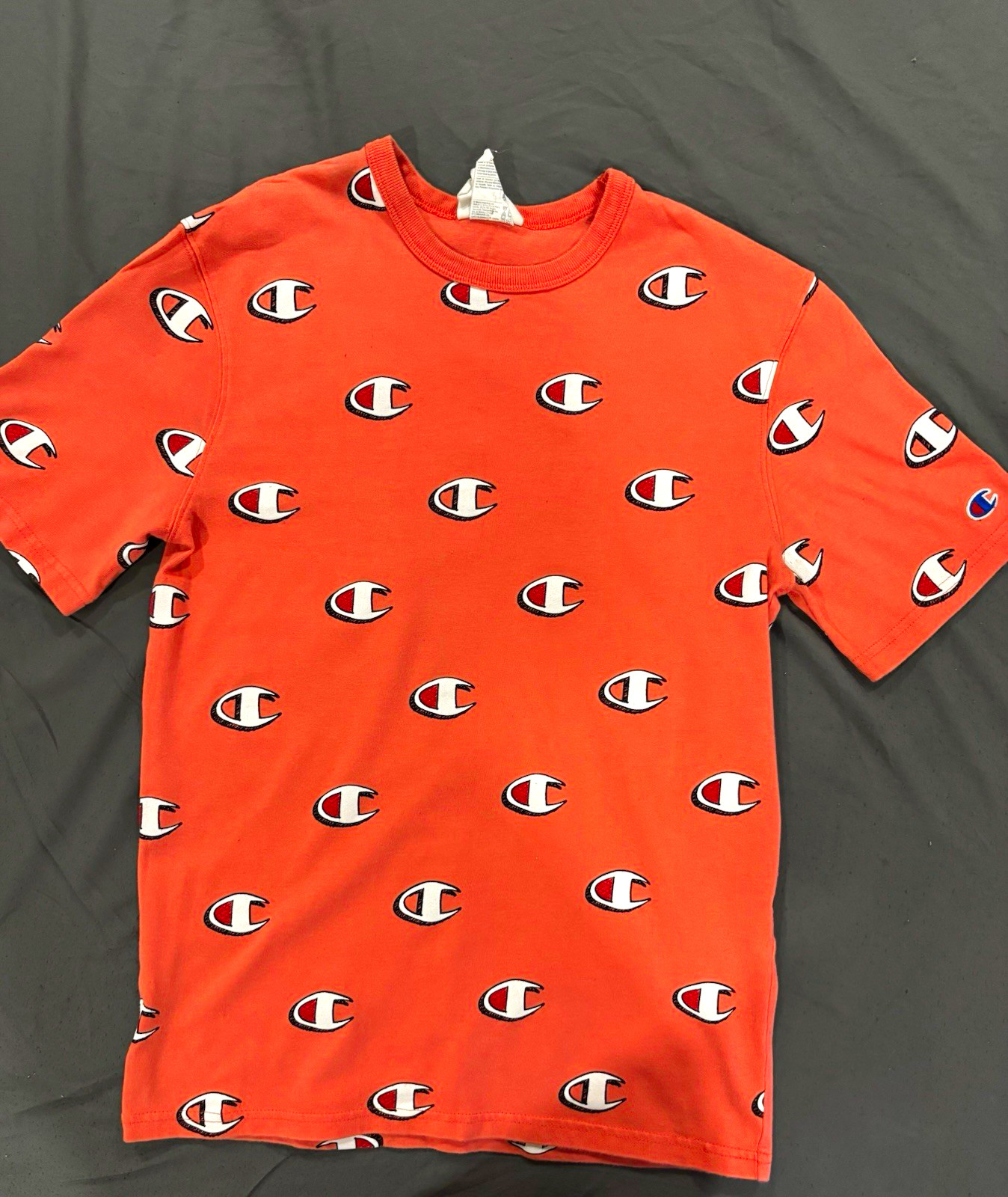 Champion Heritage Men\'s Orange Allover Logo Crew Neck Cotton Knit T-Shirt S