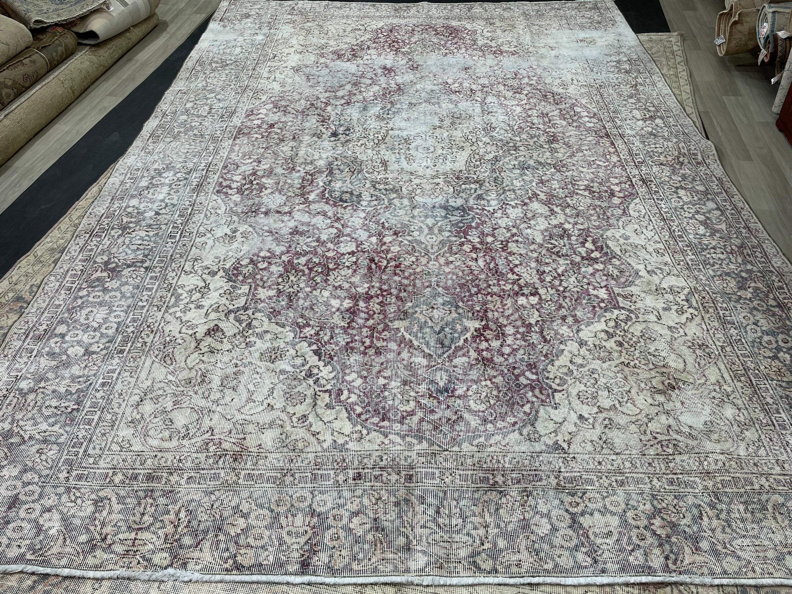 Large Muted Distressed Rug Antique 8.6 x 12.2 Old Turkish Rug Hand Knotted Rug V
