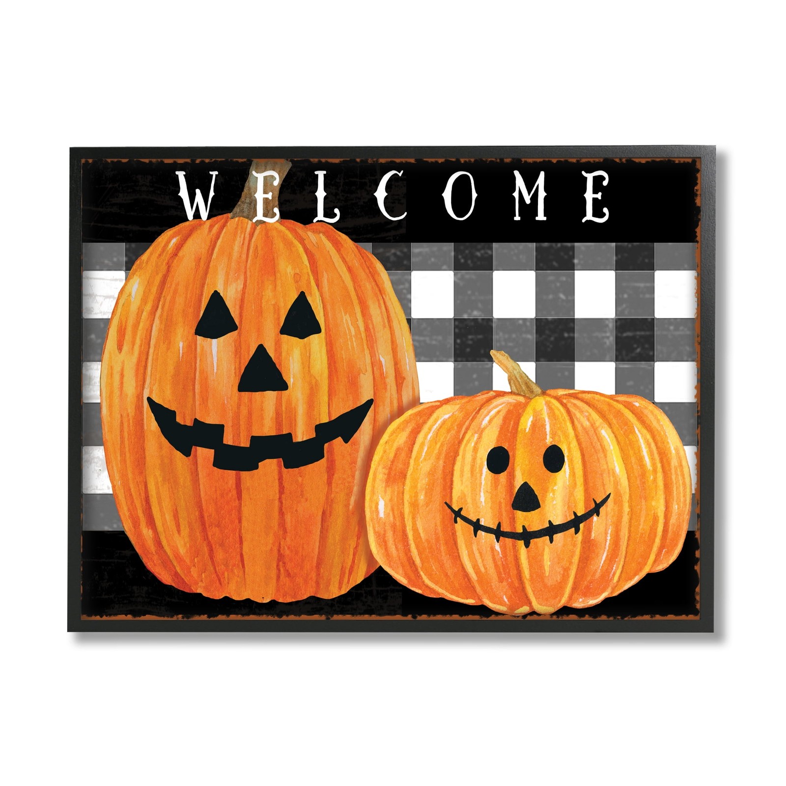 Stupell Industries Festive Halloween Welcome Sign Happy Pumpkins Black Plaid, 16