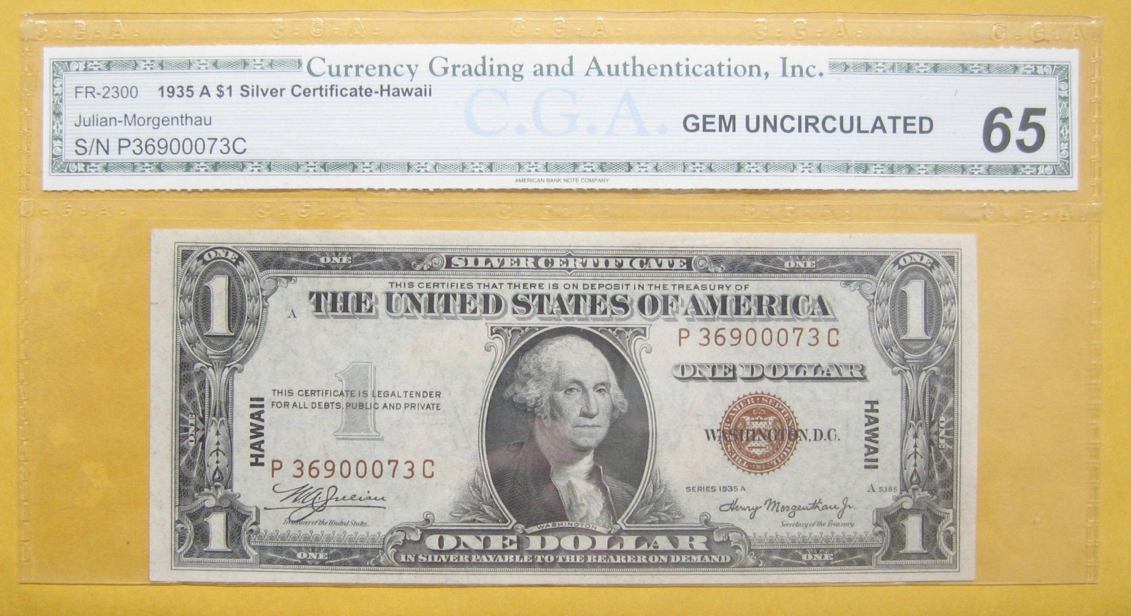 Fr. 2300 $1 1935A Hawaii Silver Certificate. C.G.A. GEM Uncirculated 65