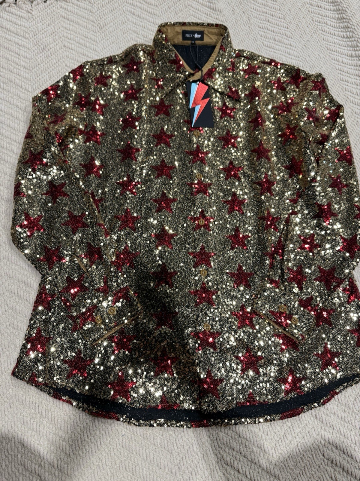 PHIX X DAVID BOWIE GOLD SEQUIN STAR SHIRT XL. NWT. PHIX X DAVID BOWIE GOLD SEQUIN STAR SHIRT XL. NWT.