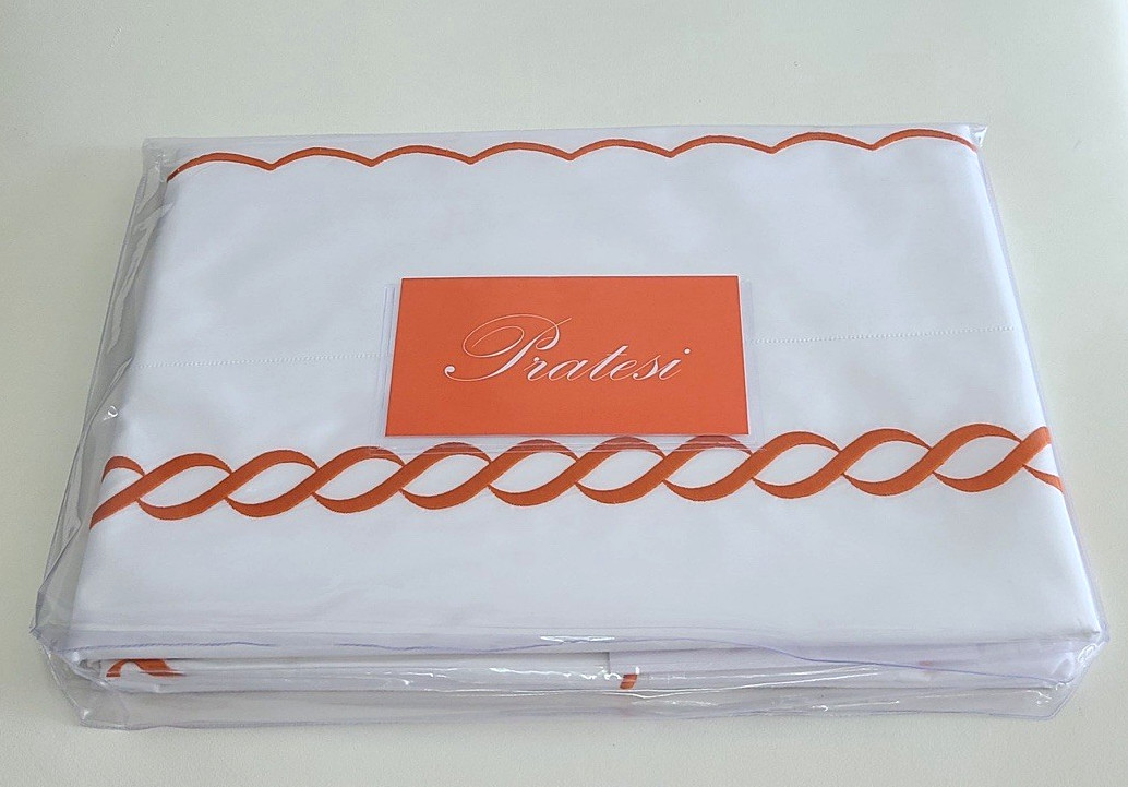 Pratesi 5031 Treccia King Flat Sheet White/Orange Percale Made In Italy