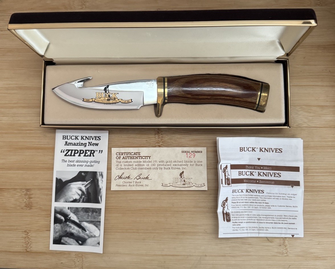 1995 BUCK #191 CLUB ZIPPER KNIFE NEVER USED IN BOX Serial # 129/150 VINTAGE 1995 BUCK #191 CLUB ZIPPER KNIFE NEVER USED IN BOX Serial # 129/150 VINTAGE