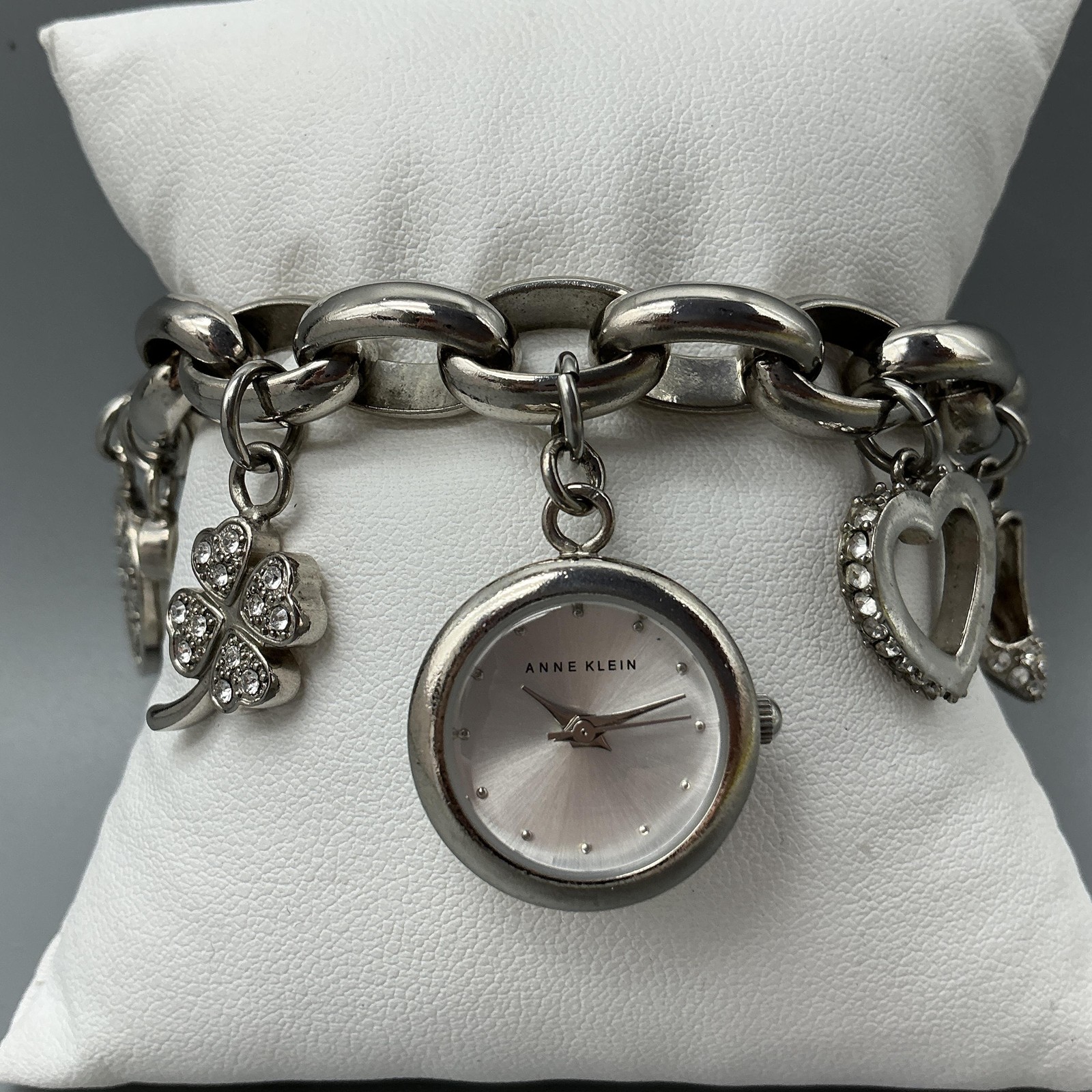 Anne Klein Womens Watch 20mm Silver Tone Charm Bracelet Hearts New Battery 5.75\