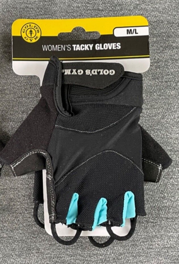 Women\'s Gold’s Gym Tacky Fingerless Gloves Size M/L Black & Aqua Brand New Women\'s Gold’s Gym Tacky Fingerless Gloves Size M/L Black & Aqua Brand New