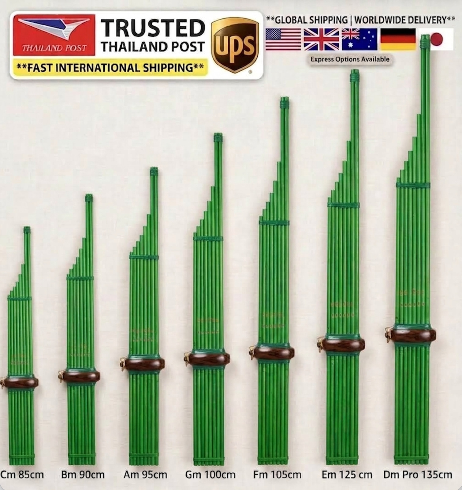Authentic Thai Khaen Green Bamboo Mouth Organ Handcrafted Silver Reed Mor Lam
