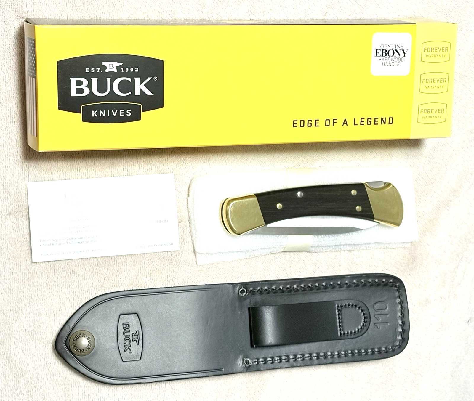 RARE NEW BUCK 110 HUNTER KNIFE - EBONY WOOD POLISHED BRASS DROP POINT BLADE