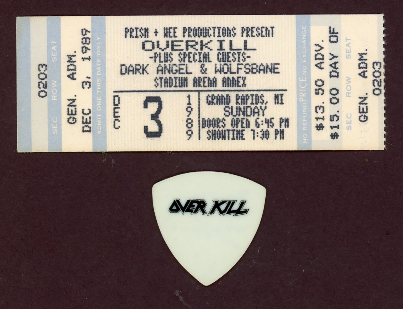 Vintage 1989 Overkill Ticket Stub & Guitar Pick Signed D.D. Verni Vintage 1989 Overkill Ticket Stub & Guitar Pick Signed D.D. Verni