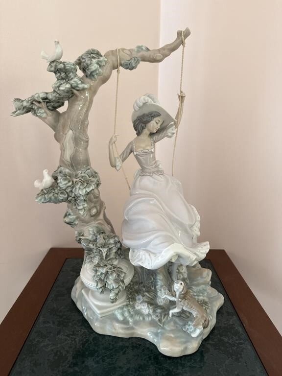 Lladro The Swing #1297 Porcelain Figurine Lady on Swing Dog Birds Retired
