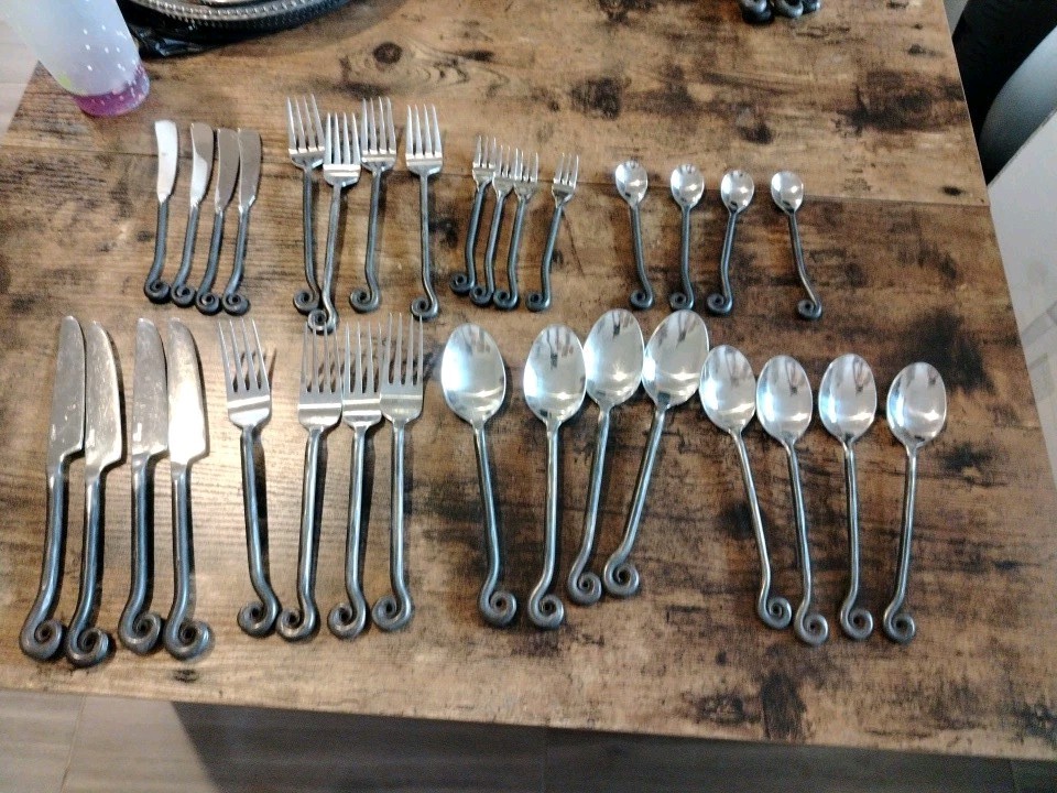 32pc Vintage Forged Scroll Flatware Set Mixed Lot - Gibson & Gourmet Settings