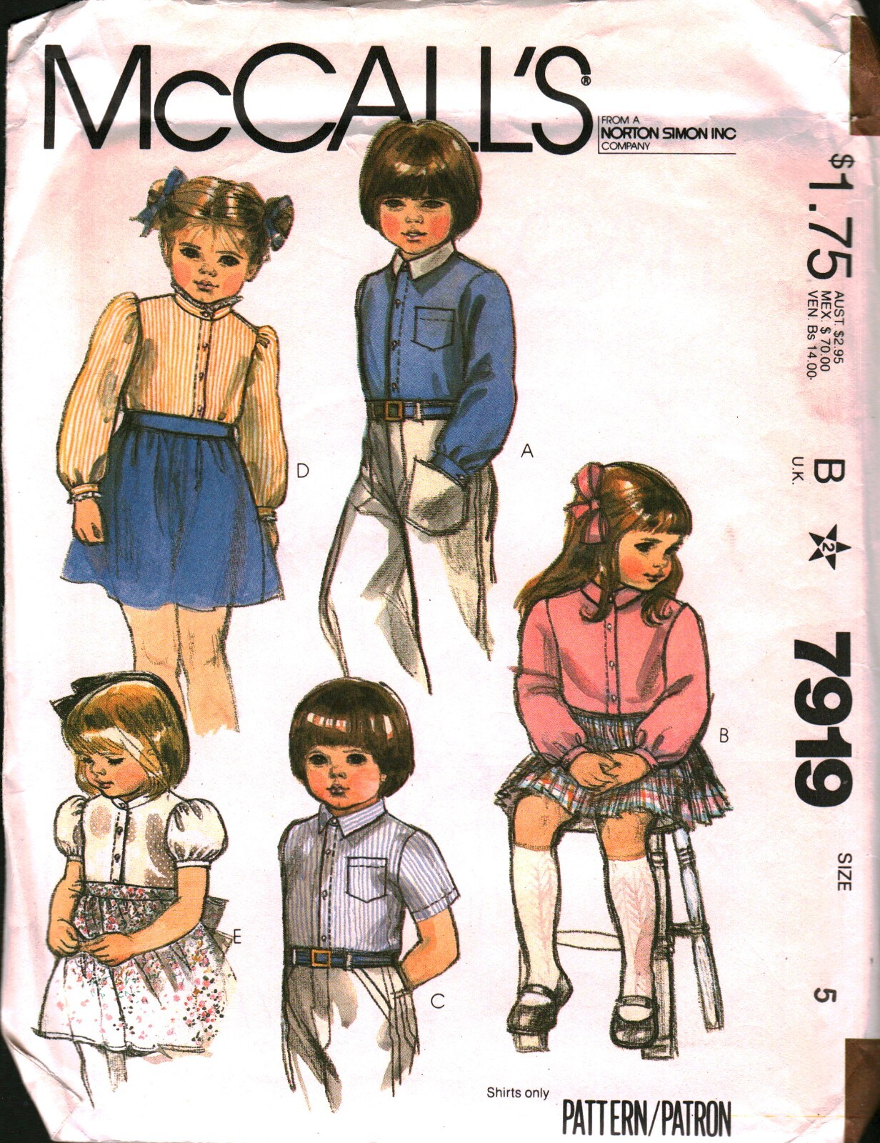 7919 Vintage McCalls SEWING Pattern Girls Boys Front Buttoned Shirt Top OOP 5