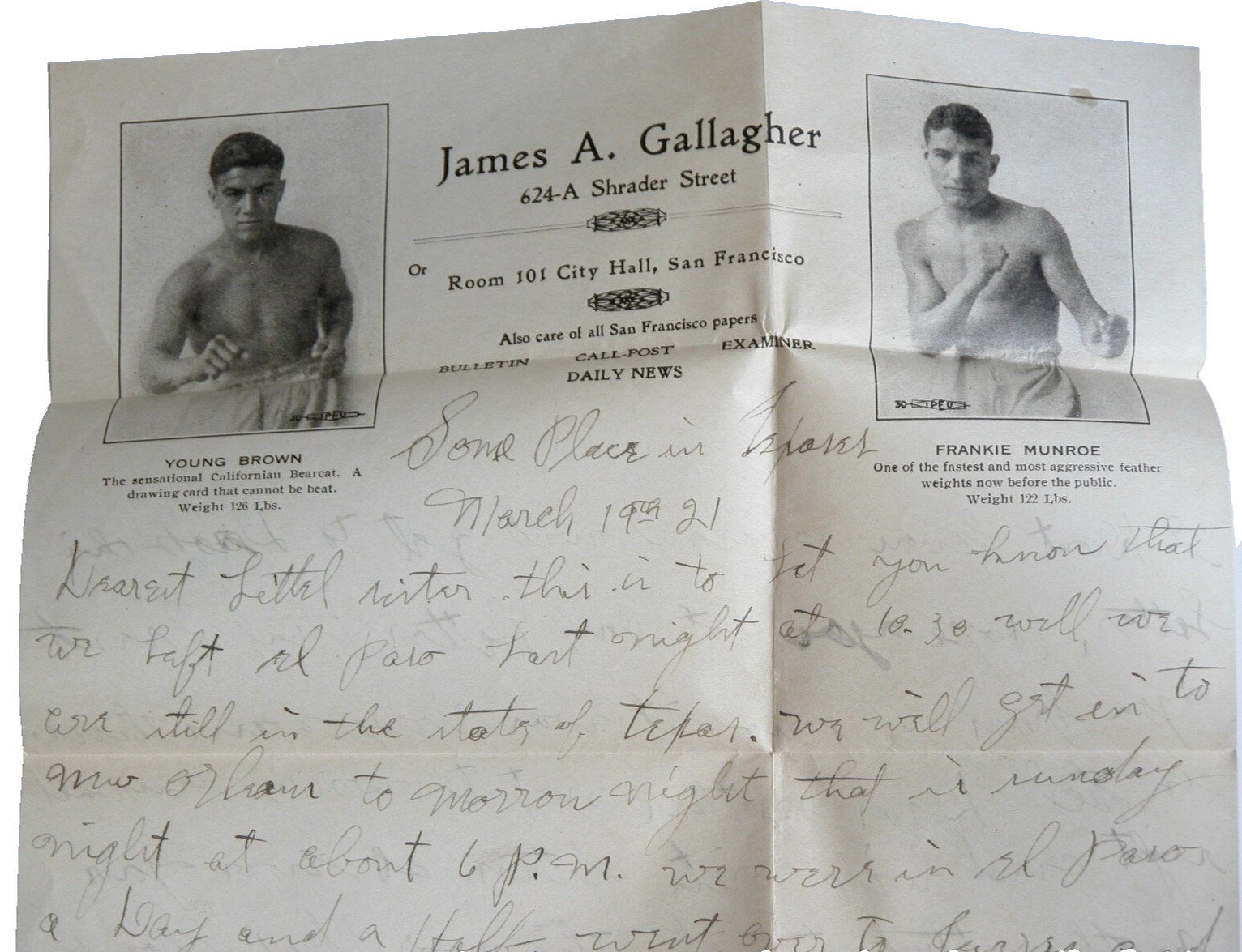 Vtg 20s Boxing Letters YOUNG BROWN James A Gallagher Manager BOXER COLLECTION