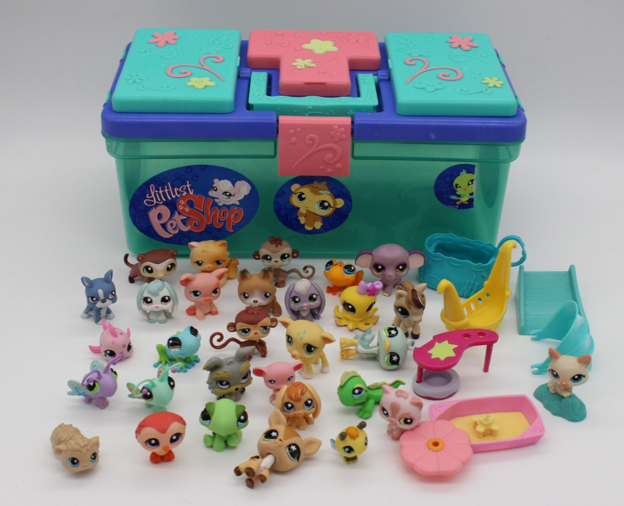 Littlest Pet Shop Tackle Box  w/ 29 Assorted LPS Pet Figures Lot