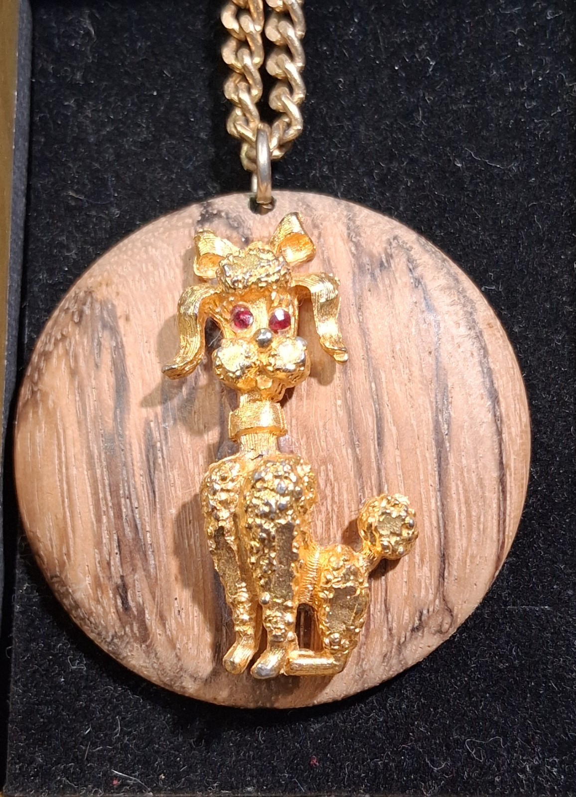 Vintage 1960s Poodle Wood Medallion Necklace Gold Tone Red Rhinestone Eyes Mid C