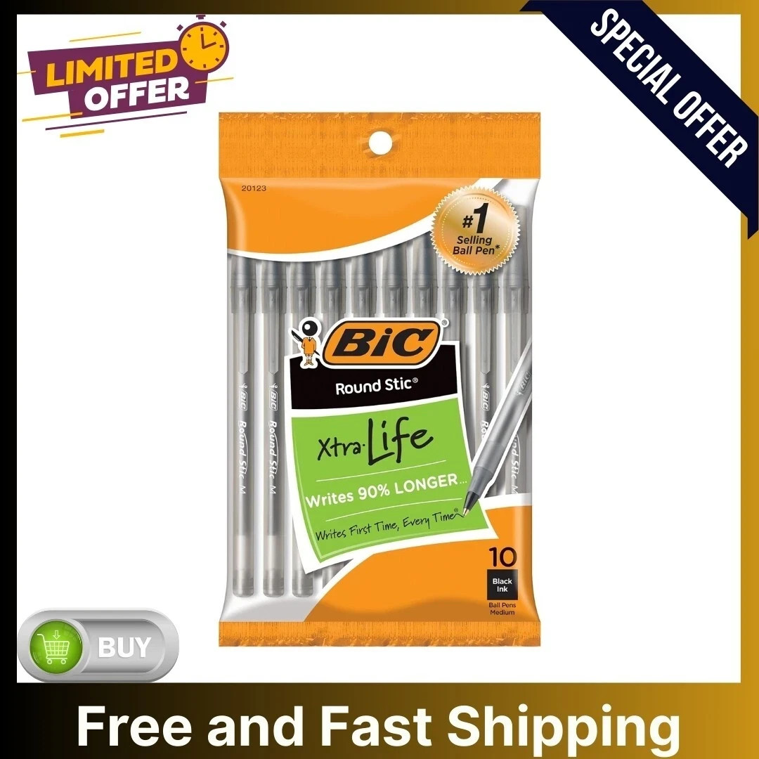 BIC Round Stic Xtra Life Black Ballpoint Pens, Medium Point (1.0mm), 10-Count 