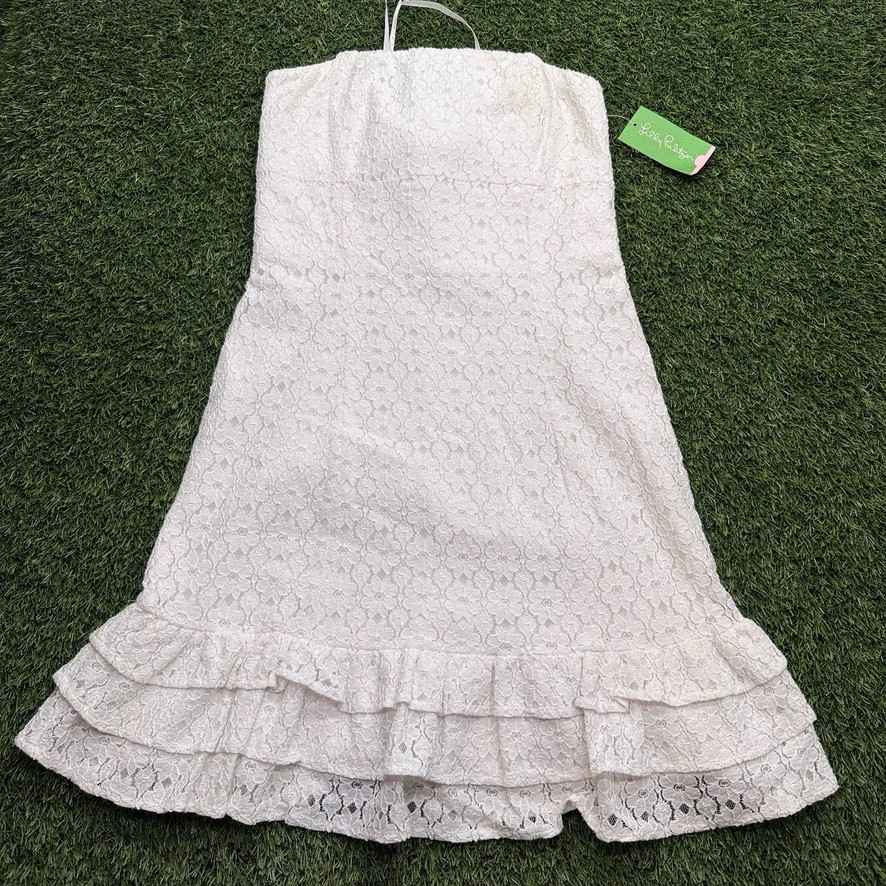 NWT Lilly Pulitzer Franco Lace Dress 6 White Petal Pusher Ruffle Tie Strapless NWT Lilly Pulitzer Franco Lace Dress 6 White Petal Pusher Ruffle Tie Strapless