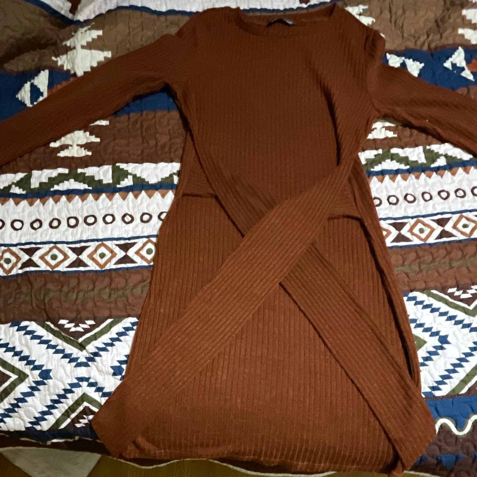 SHEIN Brown Ribbed Knit Bodycon Short Dress S Long Sleeve Round Neck Cut Out SHEIN Brown Ribbed Knit Bodycon Short Dress S Long Sleeve Round Neck Cut Out