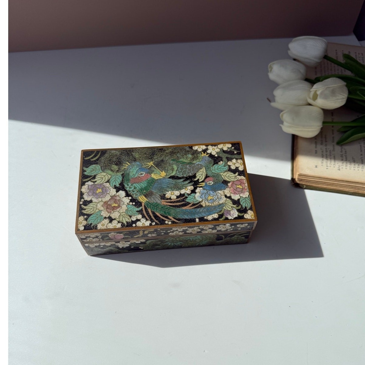 Antique Cloisonné Enamel Box Pheasant Peacock Bird Chinoiserie CollectibleEnamel