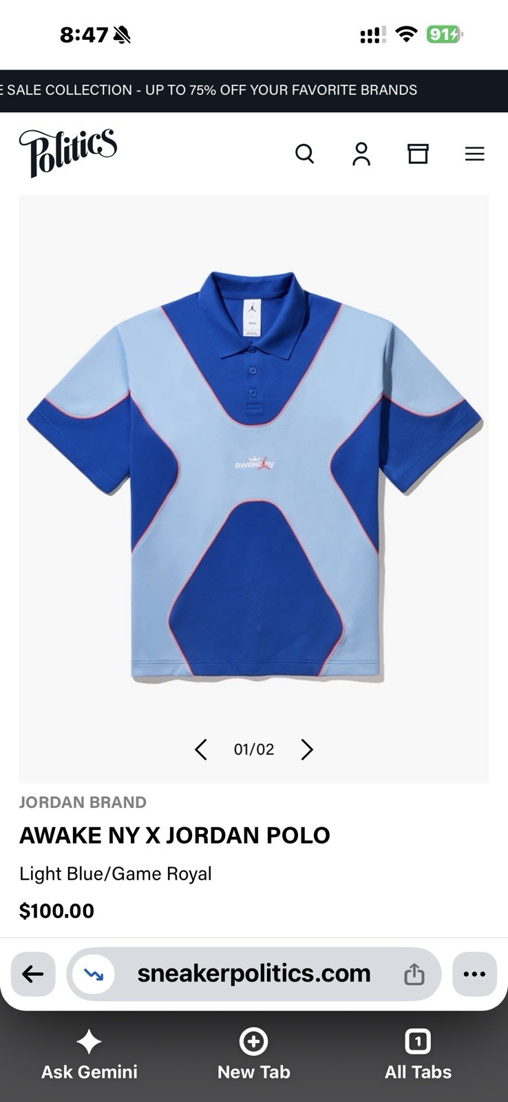 Awake NY x Jordan Classic Sport Polo Shirt Size XL Awake NY x Jordan Classic Sport Polo Shirt Size XL