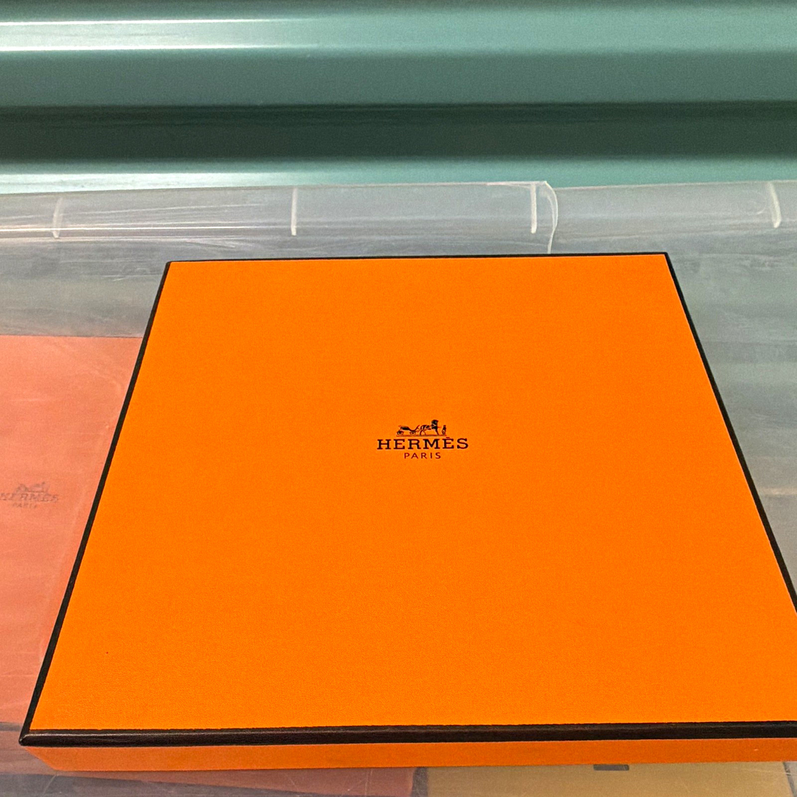HERMÈS Orange & Black Cardboard Gift Box w/ Lid, Square, Solid HERMÈS Orange & Black Cardboard Gift Box w/ Lid, Square, Solid