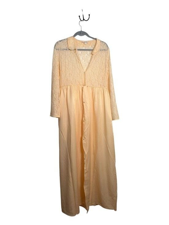 Vintage Barbizon Peach Satin Lace Peignoir Robe Duster Button Front Maxi Size M
