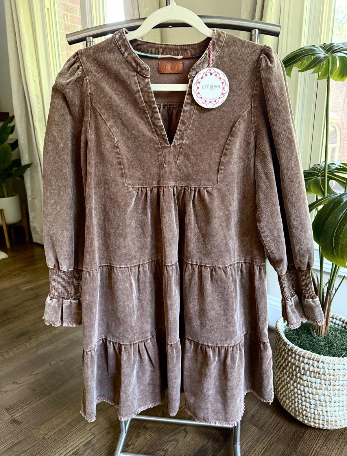 UMGEE Brown Stone Washed Corduroy V-Neck Smocked Ruffle A-Line Dress S