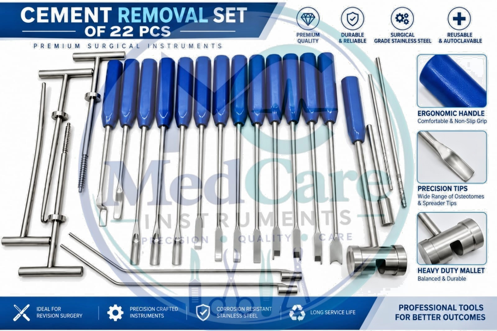 Mueller-Type Cement Removal Instruments Titanium Blue Set of 22 Pcs Orthopedic