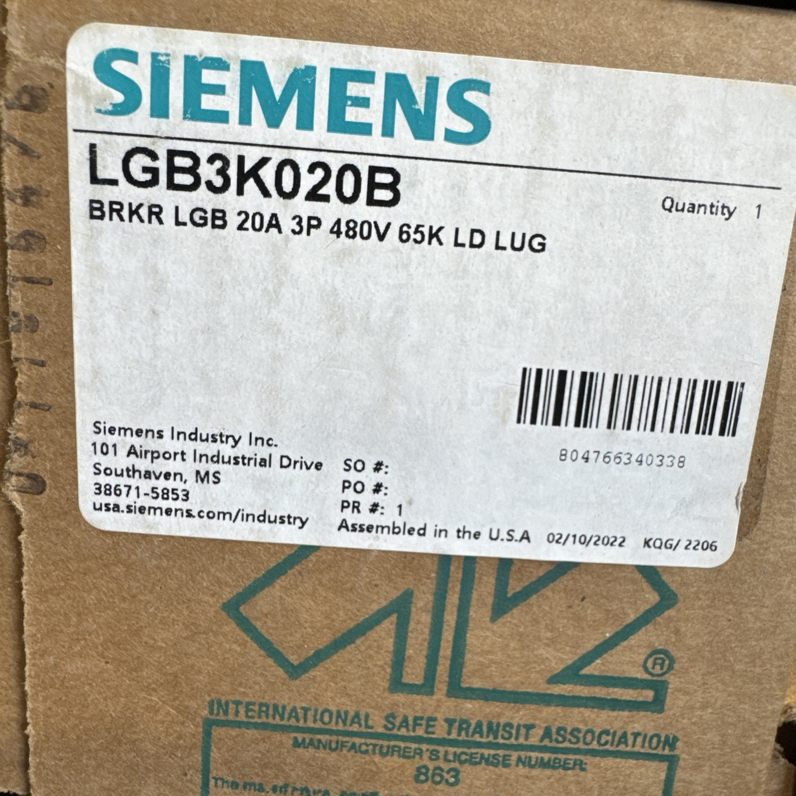 SIEMENS LGB3K020B / LGB3B020 3P 20A 65KAIC CIRCUIT BREAKER NEW NO BOX