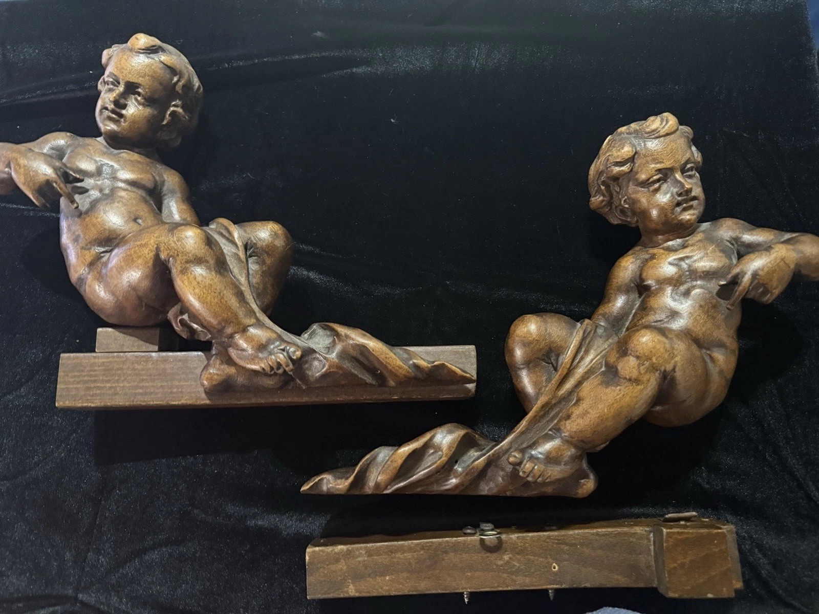 PAIR 19thC Italian Baroque Carved Walnut Putti Cherub Allegorical Sculptures PAIR 19thC Italian Baroque Carved Walnut Putti Cherub Allegorical Sculptures