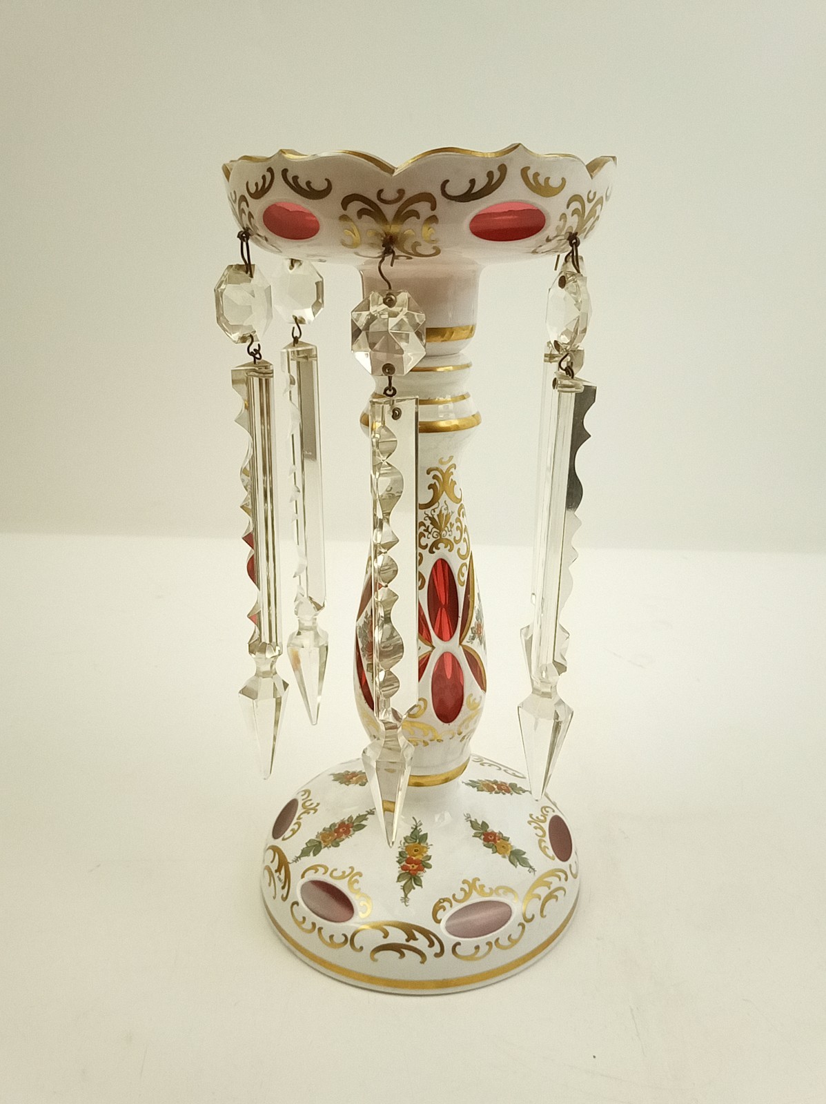Antique Bohemian Glass Mantel Luster Ruby Red & White Glass w/ Prisms 10\ Antique Bohemian Glass Mantel Luster Ruby Red & White Glass w/ Prisms 10\