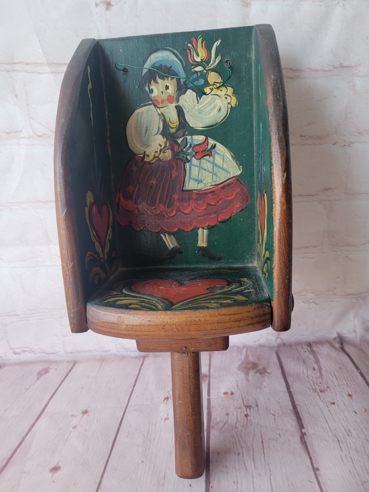 Vintage Hand Painted Wood Scoop Wall Planter Folk Art Woman Tulip Heart Decor