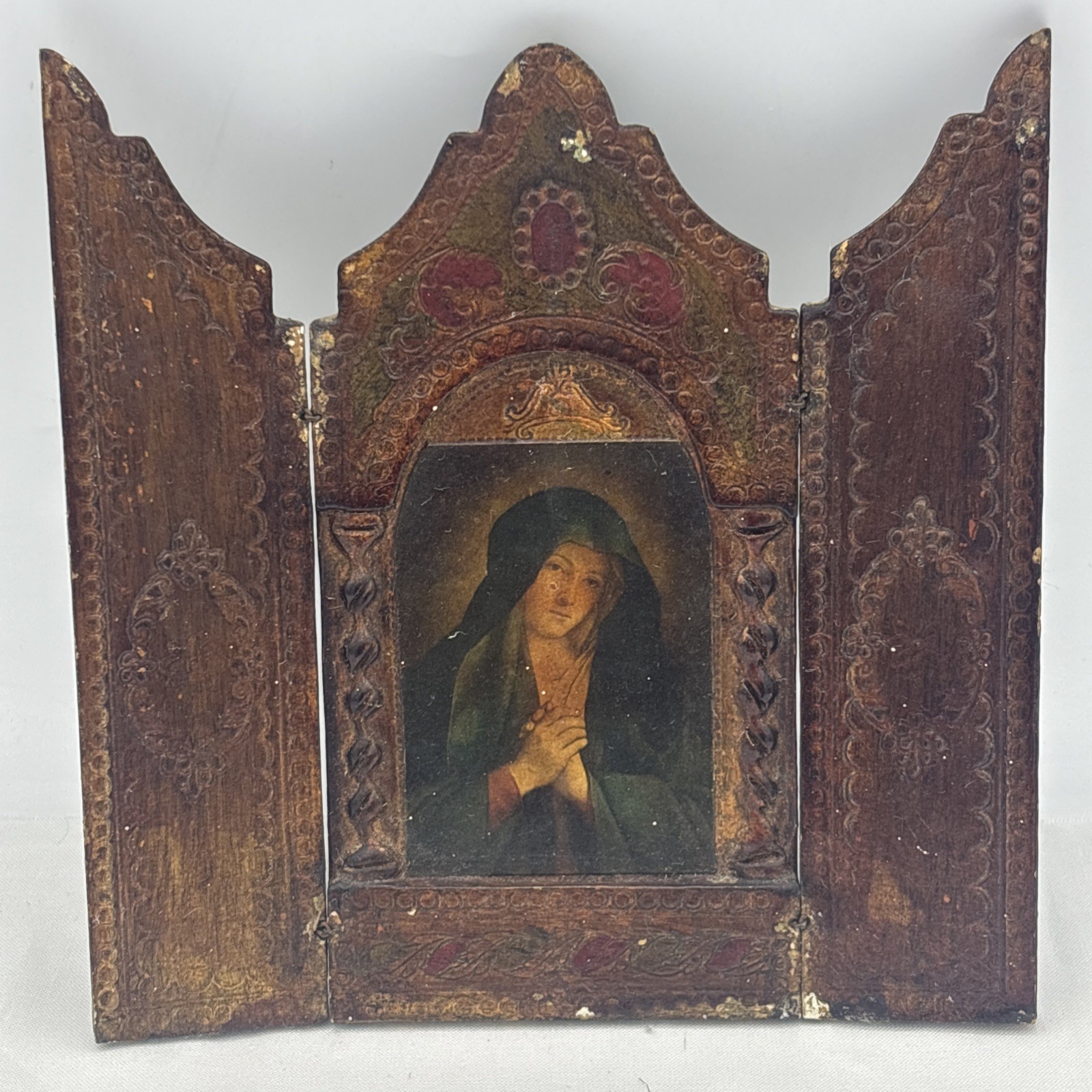 Vintage Italian Virgin Mary Triptych Icon 6.5” Painted Wood Made in Italy