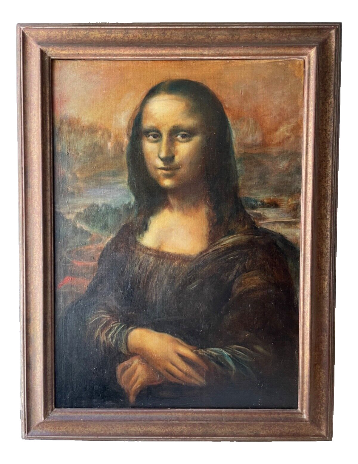 Mona Lisa After Da Vinci Oil on Canvas Painting Signed Pelletier French 1940s