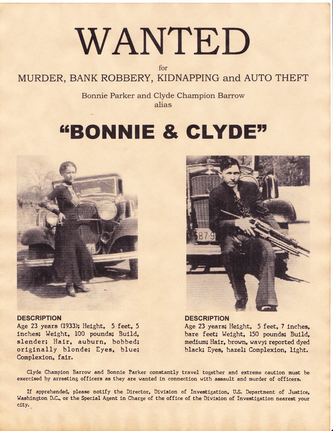 Bonnie & Clyde Wanted Poster Texas Murders Gang Mob Bonnie Parker Clyde Barrow ⭐ Bonnie & Clyde Wanted Poster Texas Murders Gang Mob Bonnie Parker Clyde Barrow ⭐
