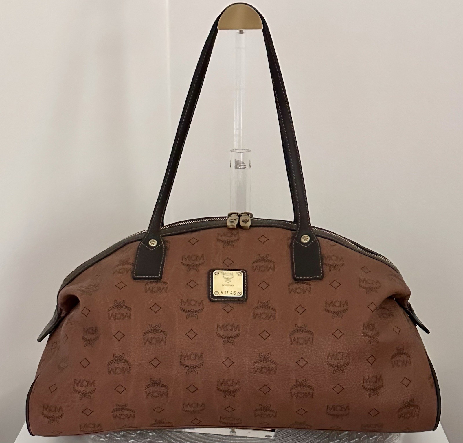 MCM Choco Brown Visetos Monogram Duffle Weekender Travel Dome Satchel Bag Rare