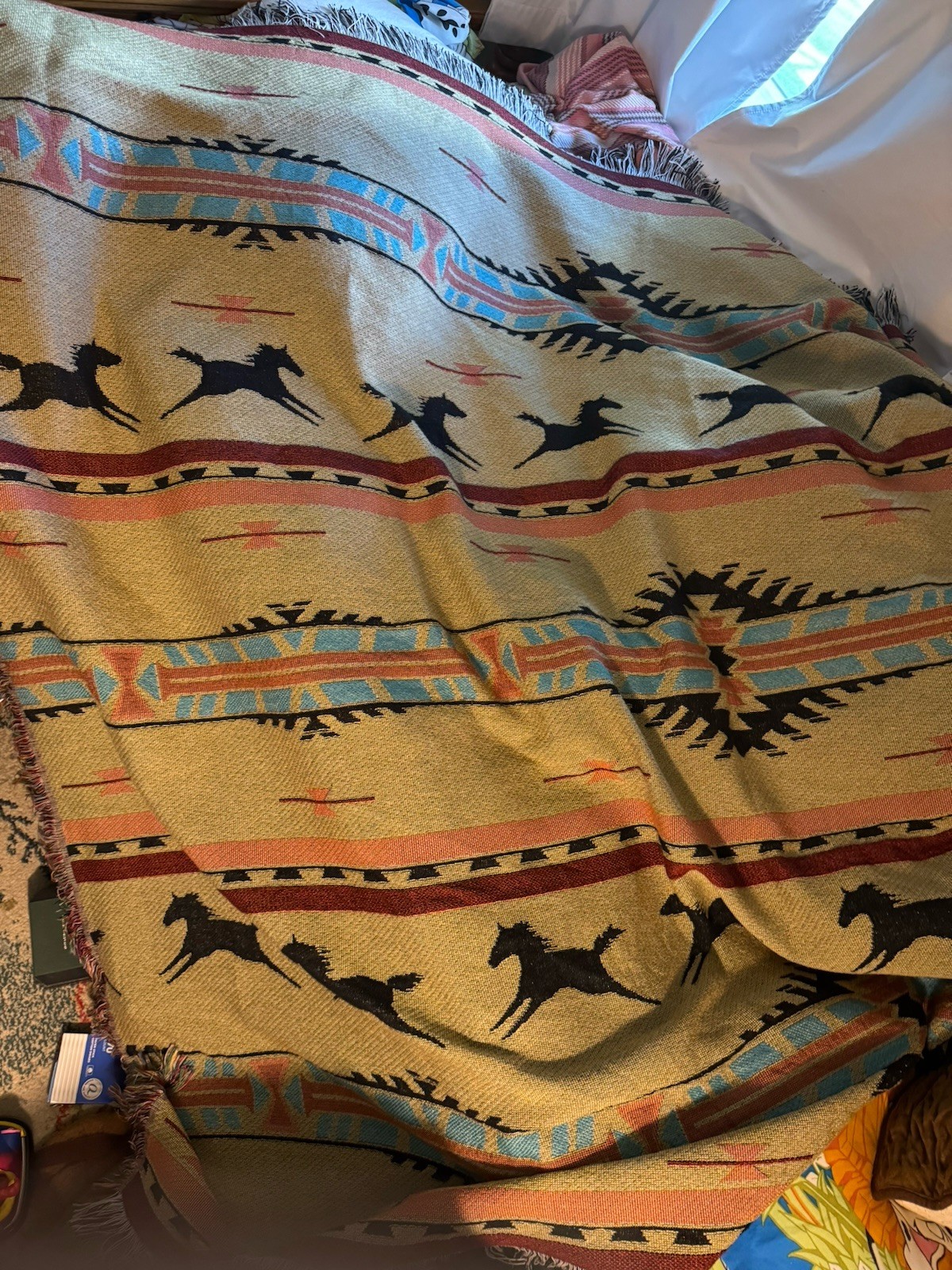 Vintage Southwestern Tapestry  Blanket Fringe 86”x72” W/ 2 Pillow Shams NW Co