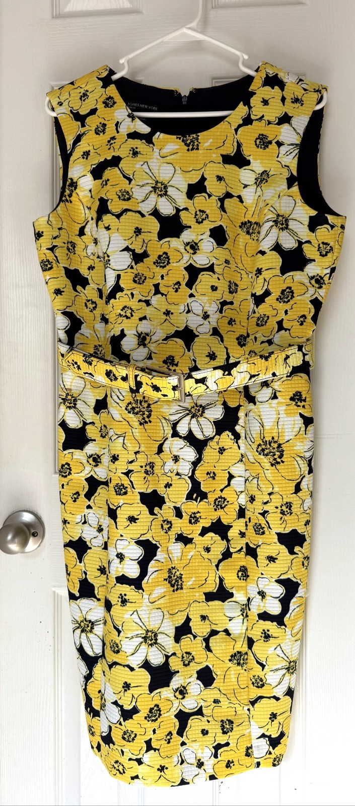 Jones New York Yellow Black Floral Sleeveless Belted Sheath Dress 10 NWOT