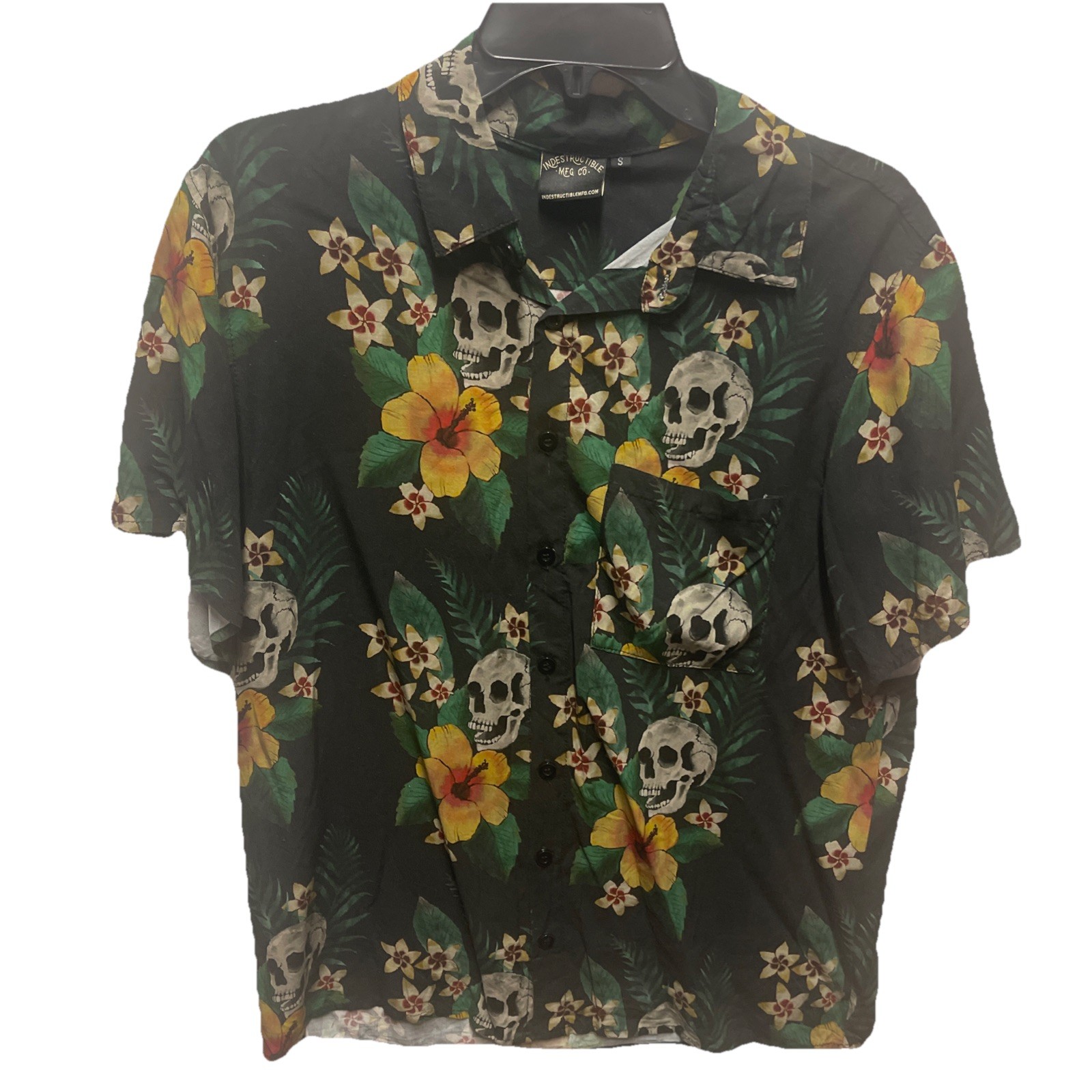 Men\'s Indestructible Hawaiian Skulls and Flowers Button-down Shirt Size Small
