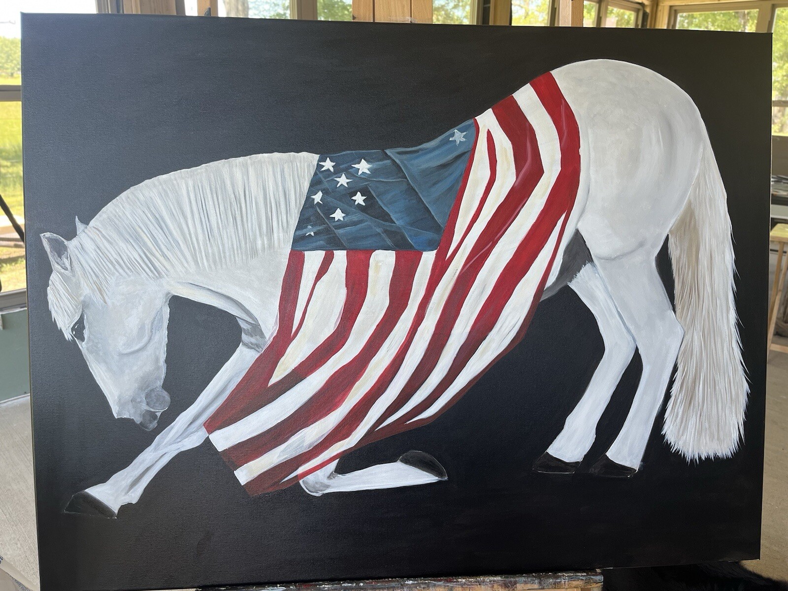 Patriot  Horse w/ Flag original Painting Canvas By Arkansas Artist Leah j Smith