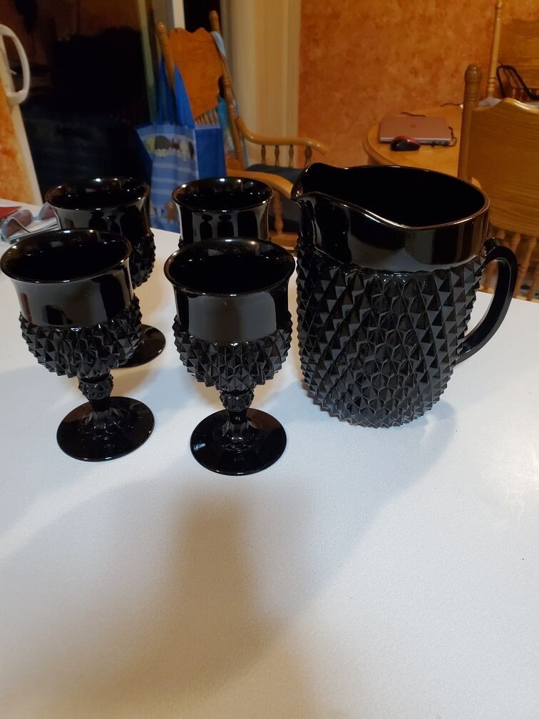 Tiara Cameo Black Diamond Point Vintage Glass Water Goblets Set of 4 and Pitcher