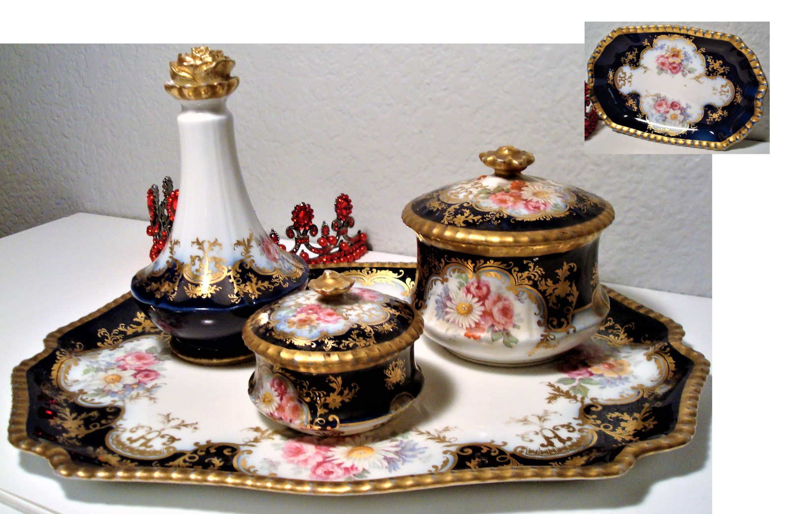 Limoges Vanity Tray, Rose Cap Bottle & (2) Vanity/Dresser Boxes-Bonus Mini Tray