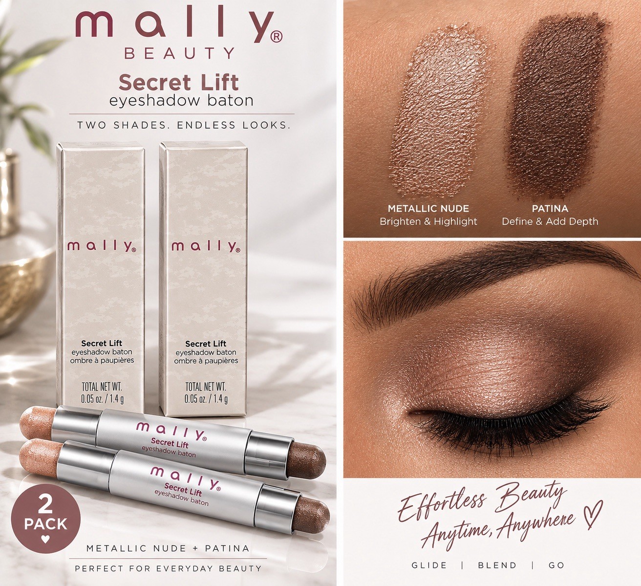 2 Mally Secret Lift Eyeshadow Baton Metallic Nude Patina Full Size NIB