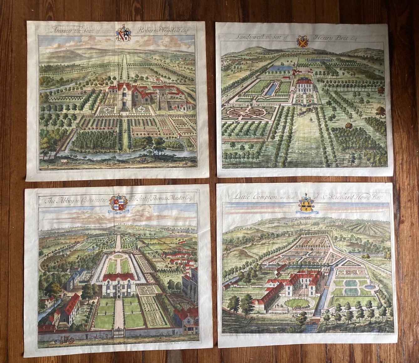 Set Of Four Authentic 18th Century Hand Painted Engravings by Johannes Kip Set Of Four Authentic 18th Century Hand Painted Engravings by Johannes Kip