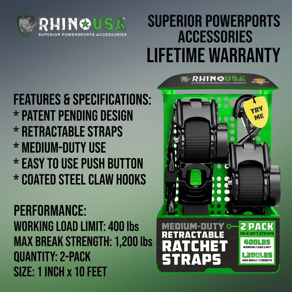 Rhino USA 1in x 10ft Black Retractable Ratchet Straps 2 Pack 1209lb