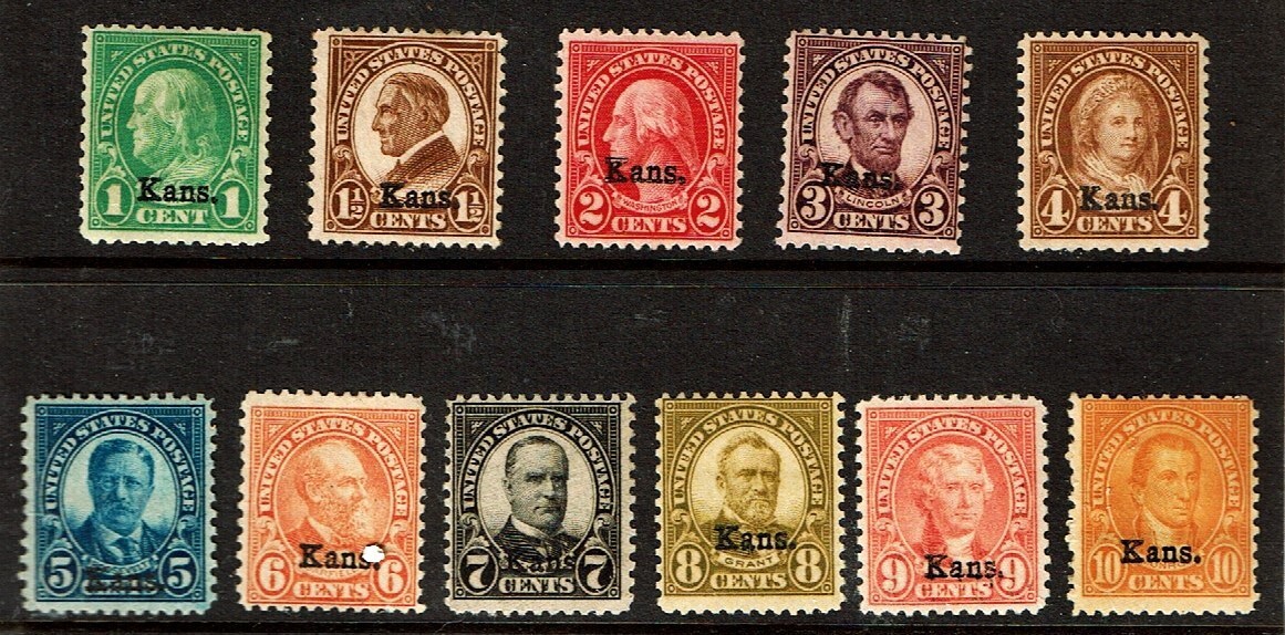 1929 U.S. Classic KANSAS OVERPRINT COMPLETE SET OF 11 Sc#658-68 M/NH/H/OG   Note