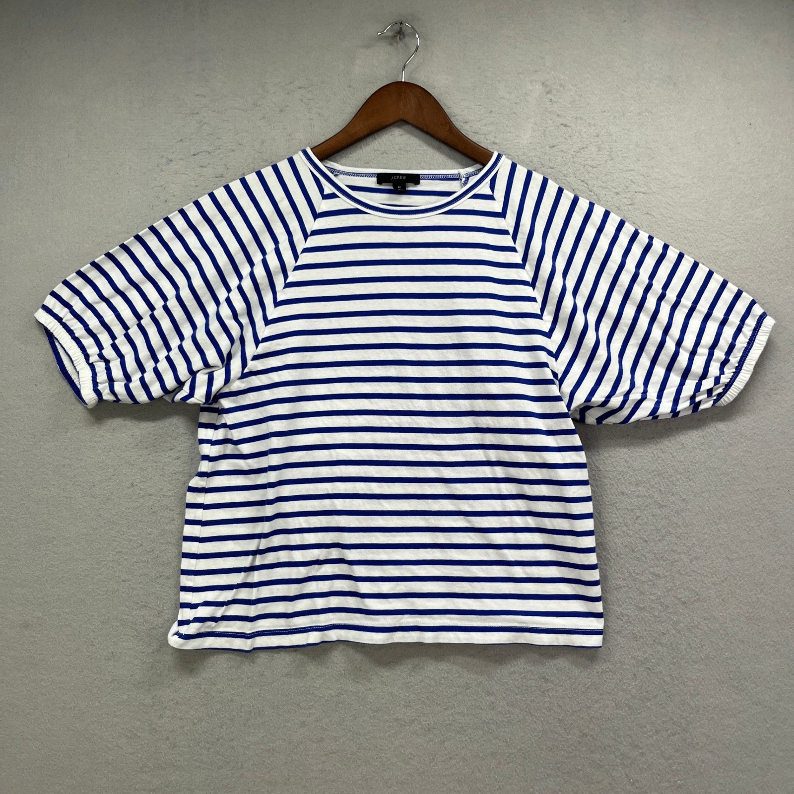 J.Crew T-Shirt Womens Medium Blue White Striped Raglan Puff Sleeve Nautical
