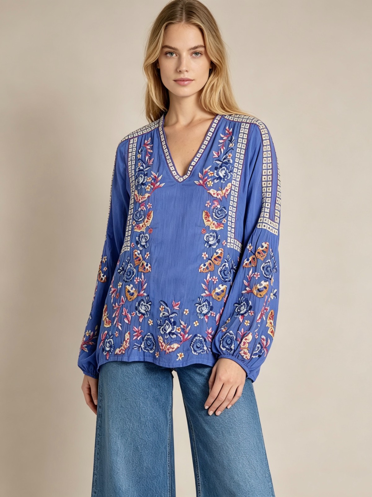 $340 NWOT Johnny Was Tamara Blouse Floral Embroidered Baja Blue Long Sleeves S